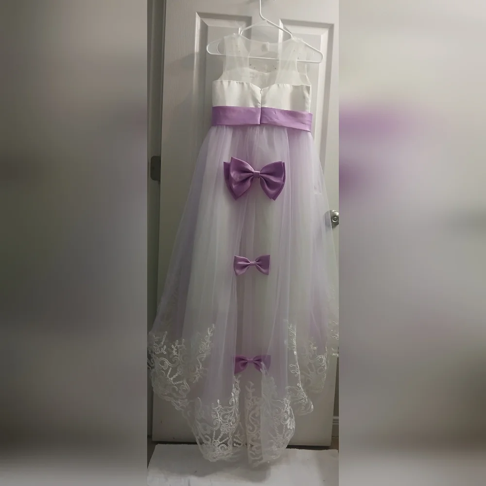 Elegant White and Purple Dress with Bows At Back And Down Length Of Dress.